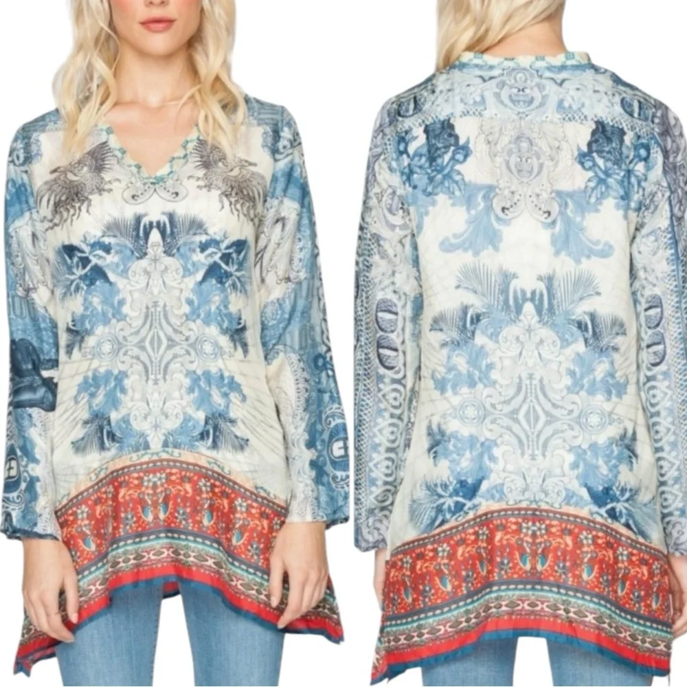 Johnny Was Bohemian Art to Wear Currency Print Silk Tunic Top Size Medium - Picture 5 of 17